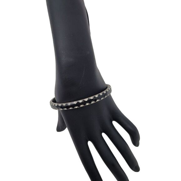 Black Enamel Skinny Metal Bangle Silver Rhinestone Trim Gift Collectible Gothic - Picture 7 of 7